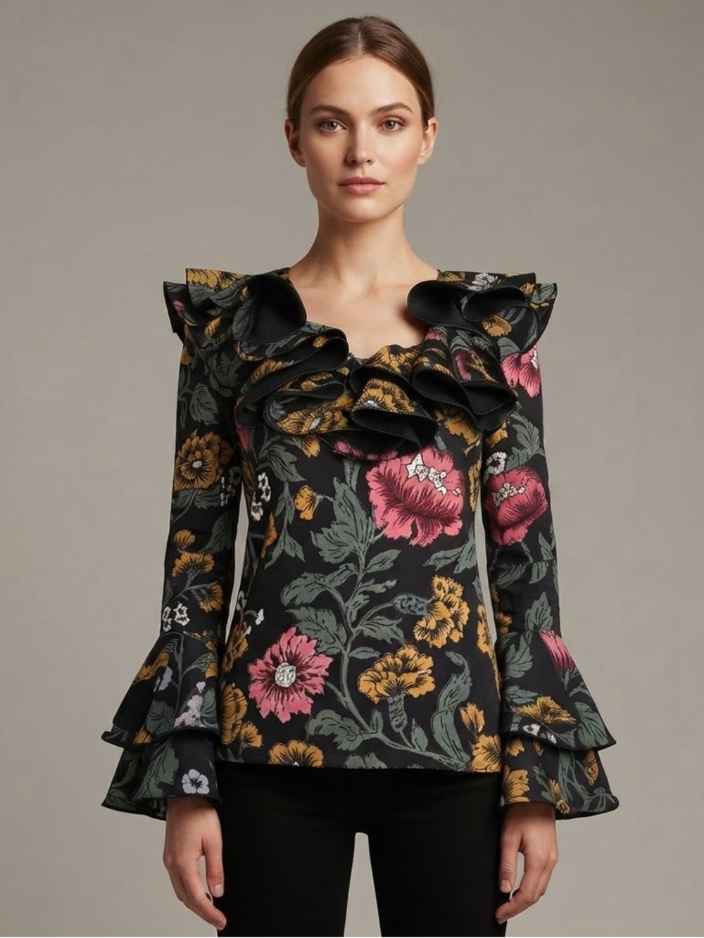C/MEO Collective XXS Floral Ruffle Statement Top Bell Sleeve Black NWOT